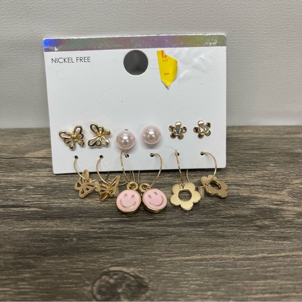 Gold Butterfly Flower Pearl Pink Smiley Hoop & Stud Earrings Set‎